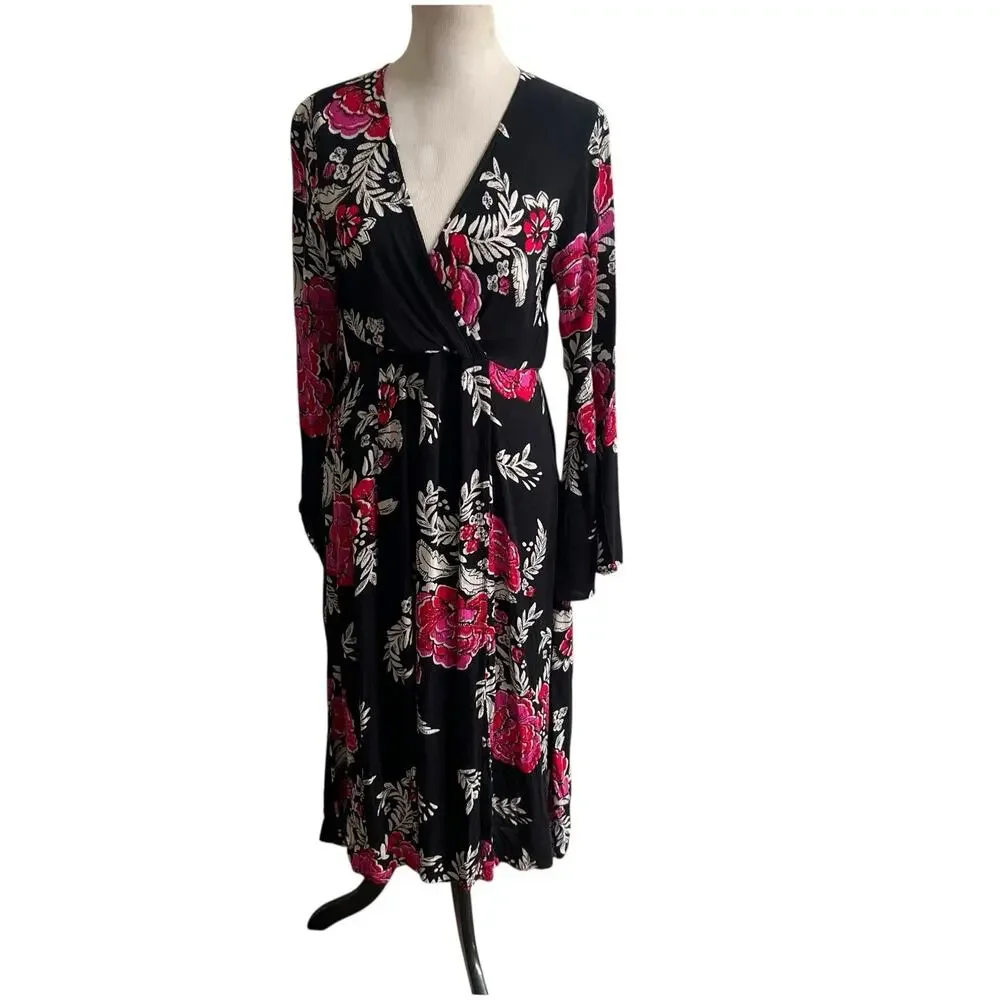 Billabong Women's Floral Whispers Wrap Dress Size Med Black Multi Bell Sleeves